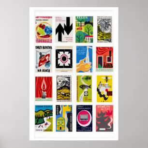 Slovak Matchbox Label Grid Print, Vintage Ephemera Poster