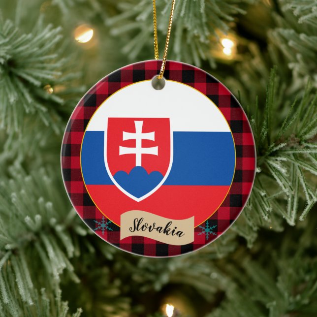 Slovakia, Red buffalo plaid & Slovakia Flag Ceramic Ornament (Tree)