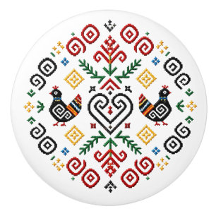 Slovakian Čičmany Chicken Folk Art Ceramic Knob