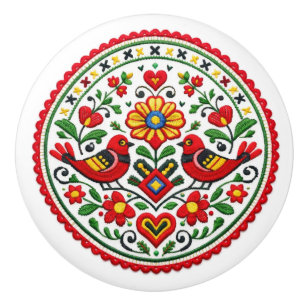 Slovakian Čičmany Red Birds Folk Art Ceramic Knob