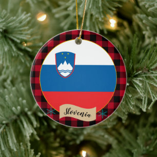 Slovenia, Red buffalo plaid & Slovenian Flag Ceramic Ornament