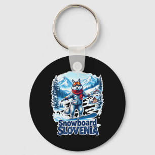 Slovenia Snowboarding Wolf With Mountains Key Ring