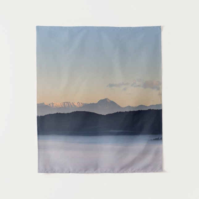 Slovenian mountains and morning fog in valley tapestry (Front)