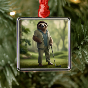 "Slow and Steady: A Sloth Dressed for Golf Metal Ornament