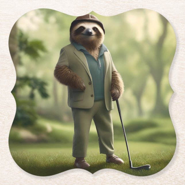 "Slow and Steady: A Sloth Is Dressed for Golf  Paper Coaster (Front)