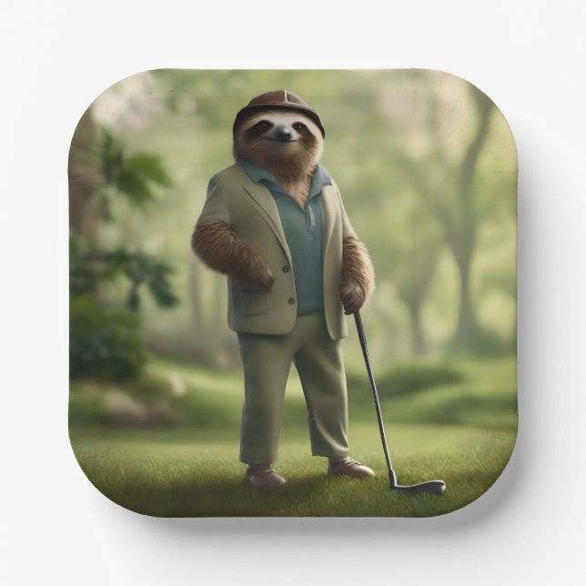 "Slow and Steady: A Sloth Is Dressed for Golf  Paper Plate (Front)