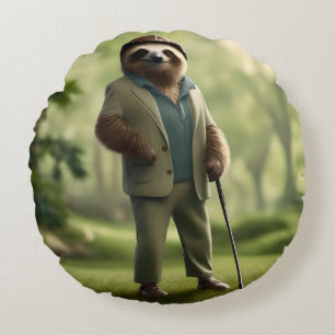 "Slow and Steady: A Sloth Is Dressed for Golf Round Cushion