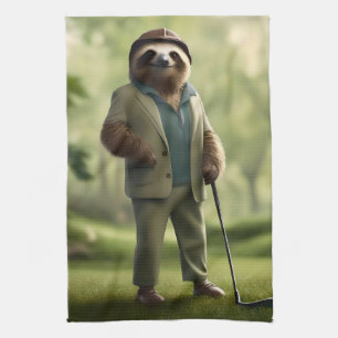 "Slow and Steady: A Sloth Is Dressed for Golf  Tea Towel