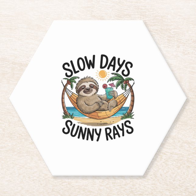 Slow Days Sunny Vibes Sloth Hammock Trop Paper Coaster (Front)