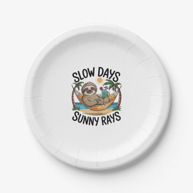 Slow Days Sunny Vibes Sloth Hammock Trop Paper Plate (Front)