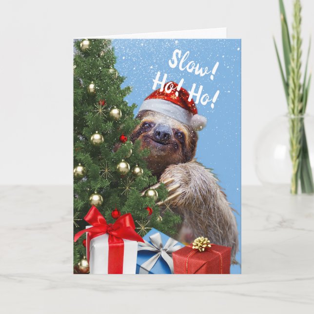 Slow Ho Ho Cute Christmas Sloth in Santa Hat Card (Front)