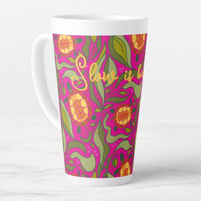 Slow is Beautiful Saying Pink Turtle Pattern Latte Mug (Left Angle)