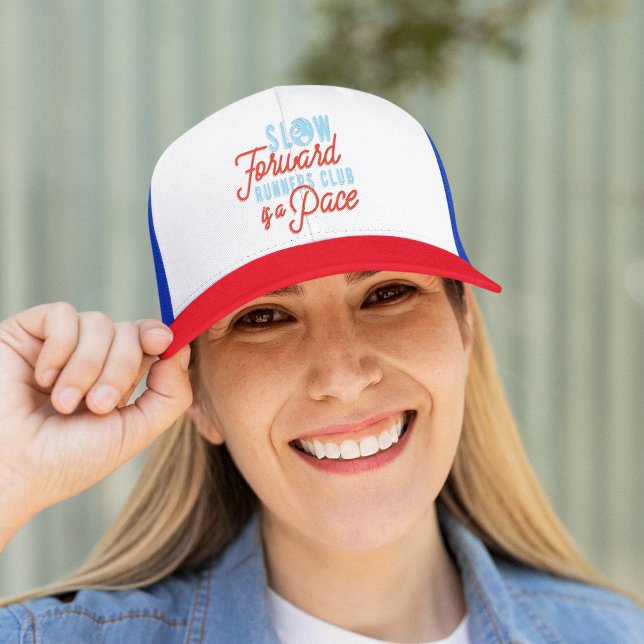 Slow Runners Club Funny Sloth Blue Orange Text Trucker Hat (Creator Uploaded)