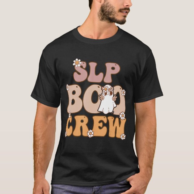 SLP Boo Crew Teacher Ghost Retro Groovy Halloween  T-Shirt (Front)