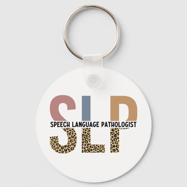 SLP Speech Pathologist Leopard Print Typography Key Ring (Front)