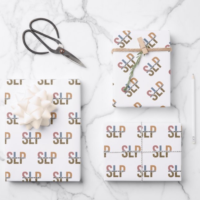 SLP Speech Pathologist Leopard Print Typography Wrapping Paper Sheet (Front)