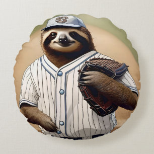 "Slugger Sloth: Slow and Steady at the Plate" Round Cushion