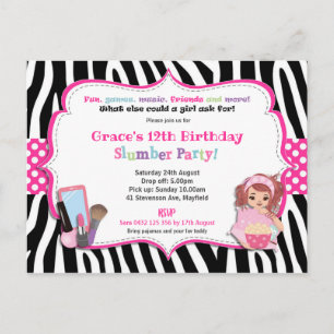 Slumber Birthday Party Zebra Print Girl Invitation Postcard