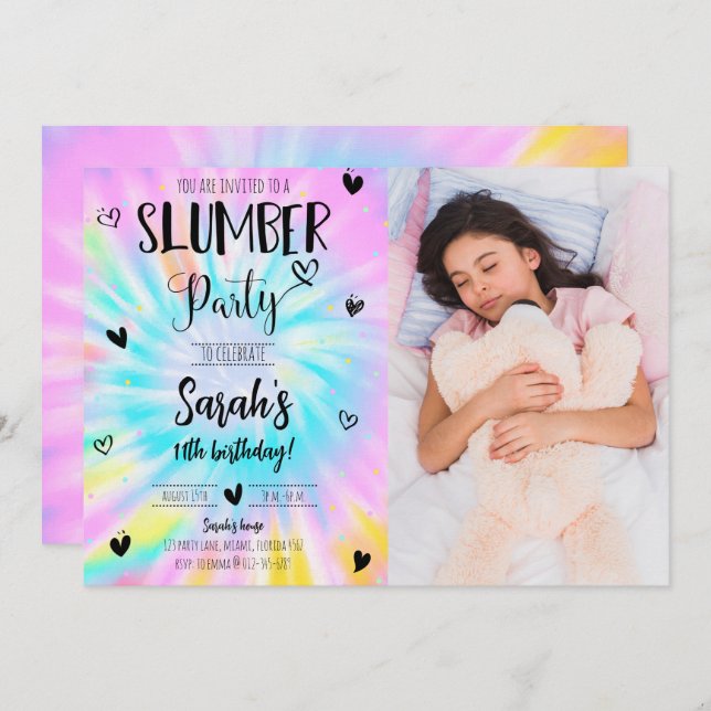 Slumber Girl Tie Dye Birthday Party Photo Invitation (Front/Back)