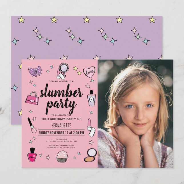Slumber Makeup Spa Party Pink Girl Photo Birthday Invitation (Front/Back)