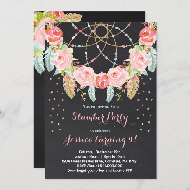 Slumber Party Birthday Invitation Sleepover Party (Front/Back)