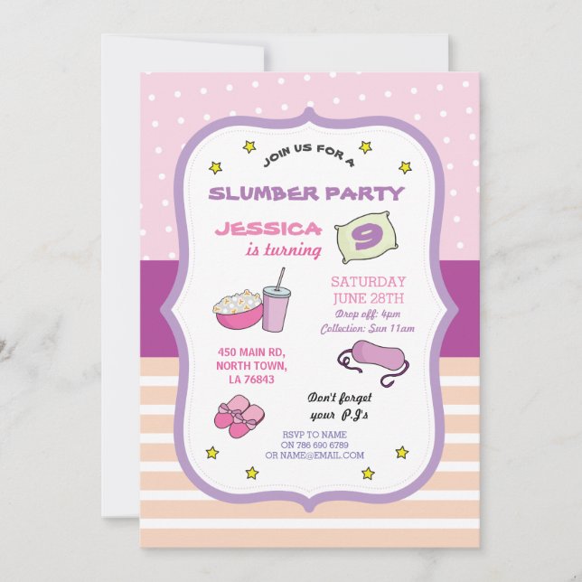Slumber Party Birthday Sleep Over PJ Pyjama Invite (Front)