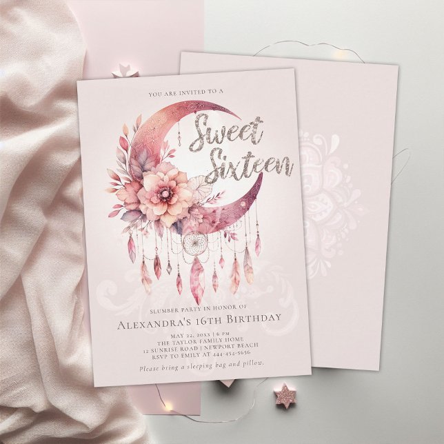 Slumber Party Boho Dreamcatcher Crystals Sweet 16 Invitation (sweet 16 sleepover party idea boho dreamcatcher crystals pink gold calligraphy pj pajama slumber)
