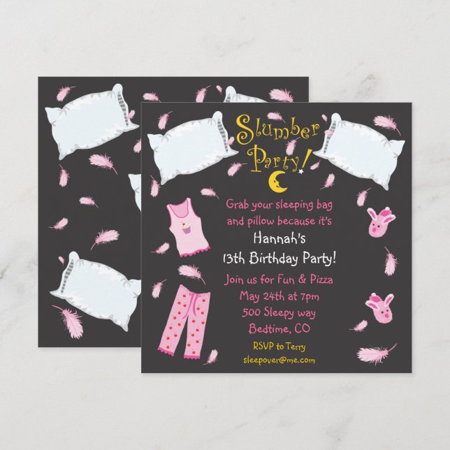 Slumber Party Pillow Fight Birthday Invitation (Front/Back)