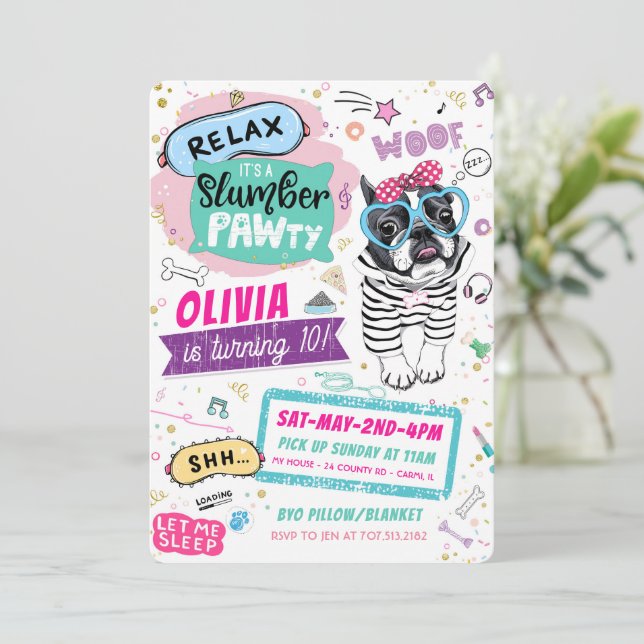 Slumber Party Pug Birthday Invitations Puppy Dog (Standing Front)