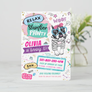 Slumber Party Pug Birthday Invitations Puppy Dog