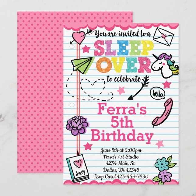 Slumber Party Sleepover Birthday Invitation Invite (Front/Back)