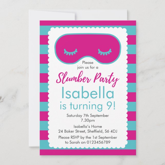 Slumber party themed birthday party invitation (Front)