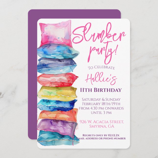 Slumber Party Watercolor Pillow Invitation (Front/Back)