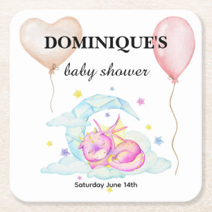 Slumbering Dragon Dreams - Baby Shower Square Paper Coaster