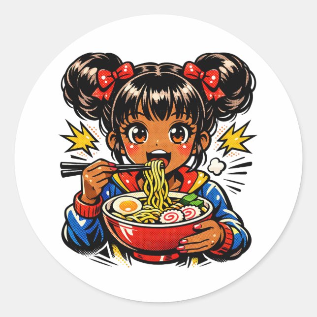 Slurp Nom Anime Girl Ramen Noodles Classic Round Sticker (Front)