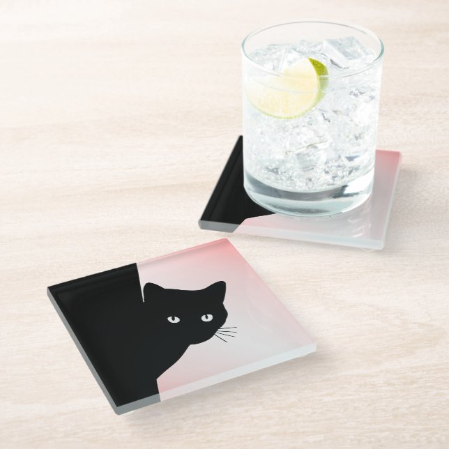 Sly Black Cat Pink Glass Coaster (Angled)