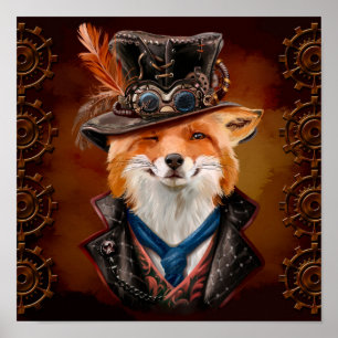 Sly fox in steampunk clothes. Watercolor drawing Poster