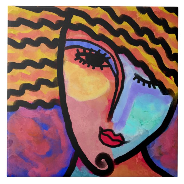 Sly Grin Abstract Digital Painting of a Woman Ceramic Tile (Front)