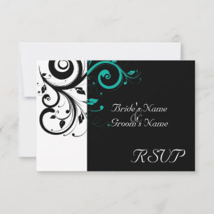 Sm Black +White Aqua Swirl Wedding Matching RSVP Card