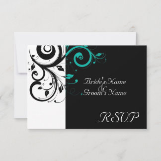 Sm Black +White Aqua Swirl Wedding Matching RSVP Card