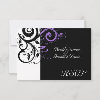 Sm Black +White Purple Swirl Wedding Matching RSVP Card