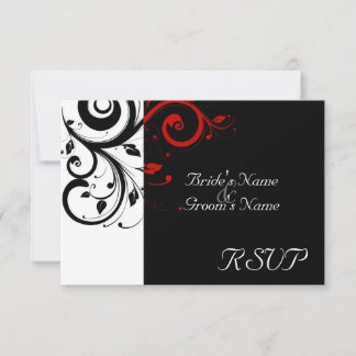 Sm Black +White Red Swirl Wedding Matching RSVP Card
