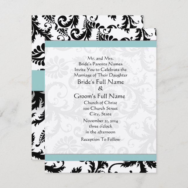 Small 4x5 Black Damask Swirls Wedding Invitation (Front/Back)