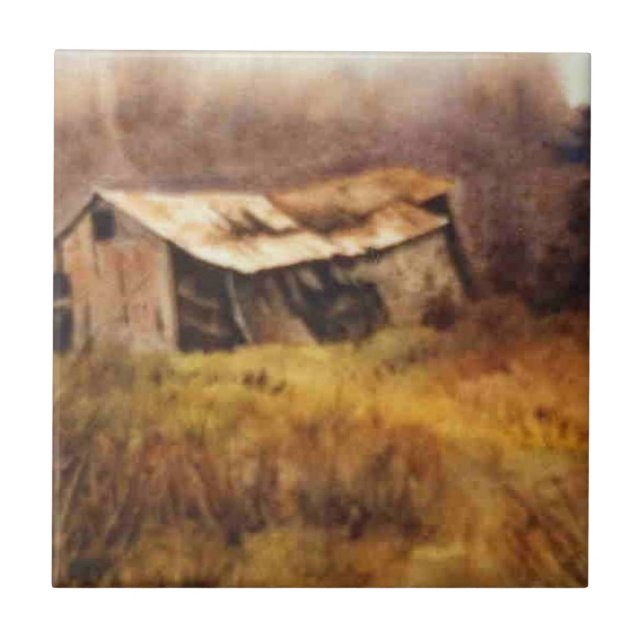 Small abandoned shed in autumn field ceramic tile (Front)