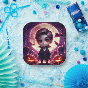 Small Adorable Vampire Under Full Moon Paper Plate