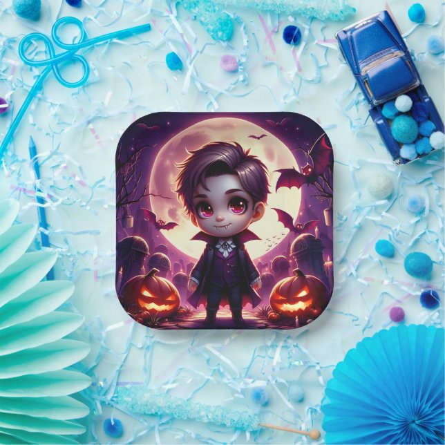 Small Adorable Vampire Under Full Moon Paper Plate (Party)
