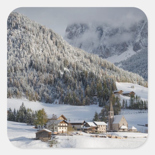 Small alpine village in the snow square sticker (Front)