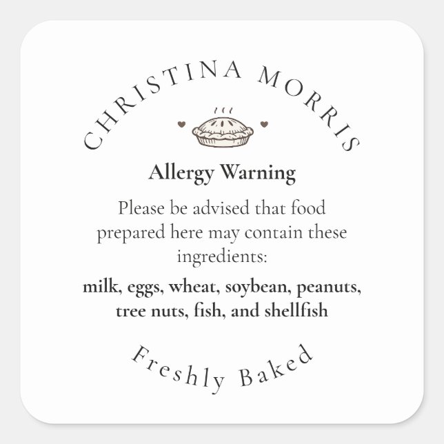 Small Batch Bakery Pie Personalised Allergy Allert Square Sticker (Front)
