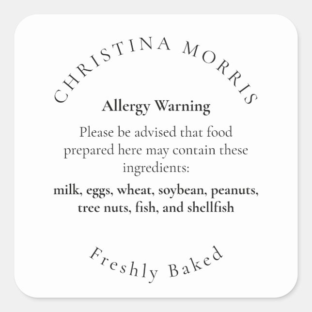 Small Batch Bakery Pie Personalised Allergy Allert Square Sticker (Front)