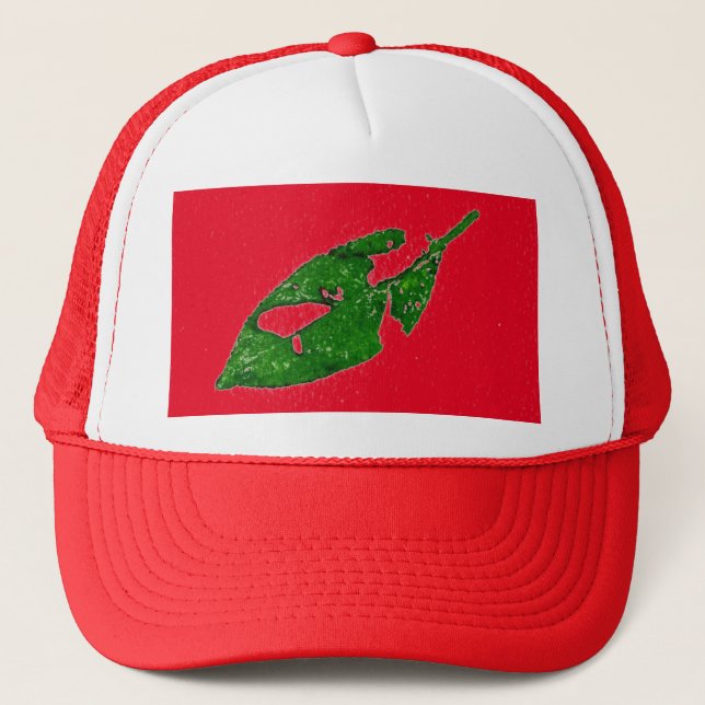 Small beech leaf in green on red trucker hat (Front)